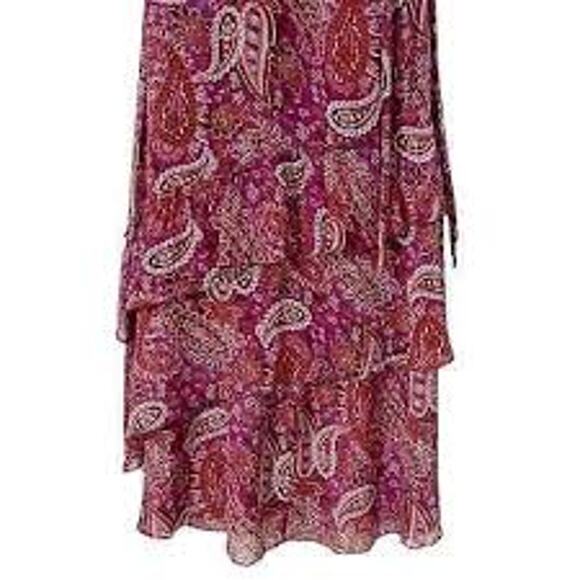 Sundance 100% Silk Maroon Paisley Ruffle Flutter Tier Maxi Dress Size 2 - Picture 4 of 7